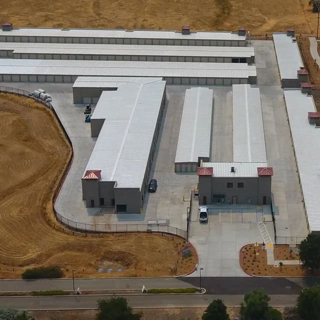 Aerial view of a completed Storage Moguls self-storage facility