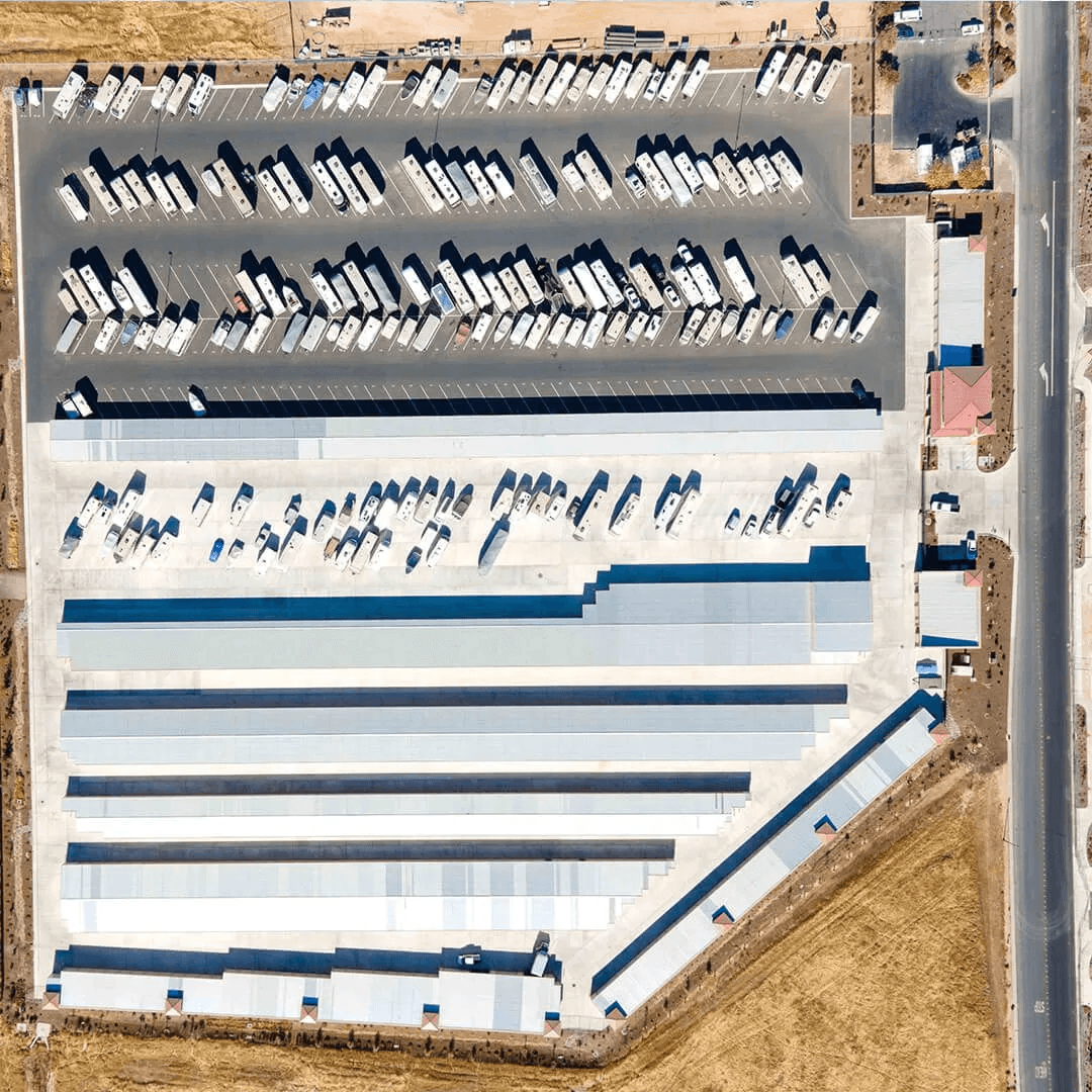 Aerial view of the Ophir Road self-storage facility with covered RV parking in Auburn, California