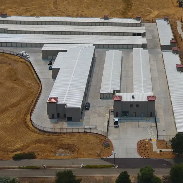 Aerial view of the completed Highway 65 Storage facility with drive-up units in Lincoln, California